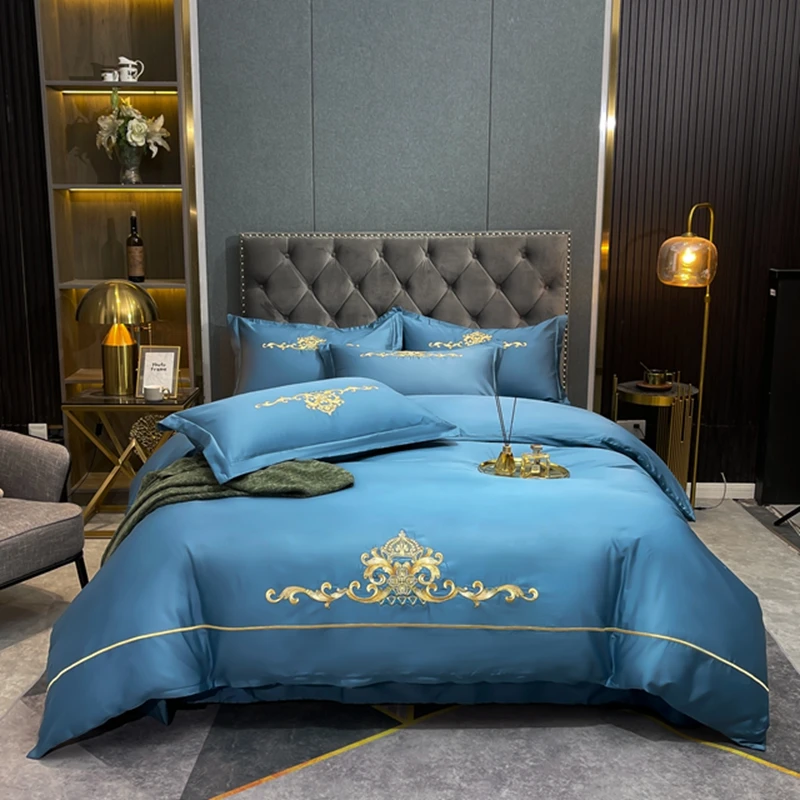 100% Cotton Golden Crown Embroidery Luxury Bedding Set Duvet Cover Bed Sheet/Fitted Sheet Pillowcases King Queen Size 4Pcs
