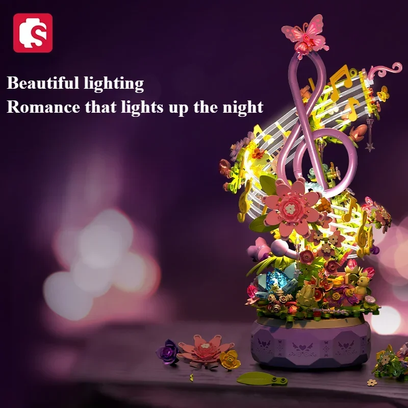

SEMBO BLOCK Flower Music Box Puzzle Piece Kawaii Table Decoration Children's Toy Model Valentine's Birthday Gift Building Blocks