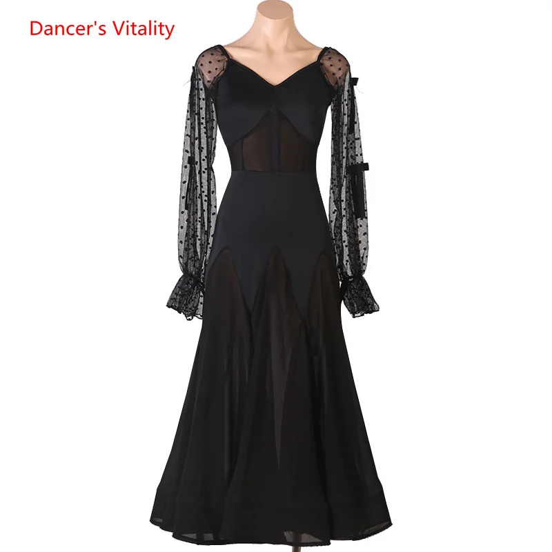 

Ballroom Dance Dress V-Neck Skirt Mesh Long Sleeves Performance Clothes Profession Custom Adult Child Competition Clothing