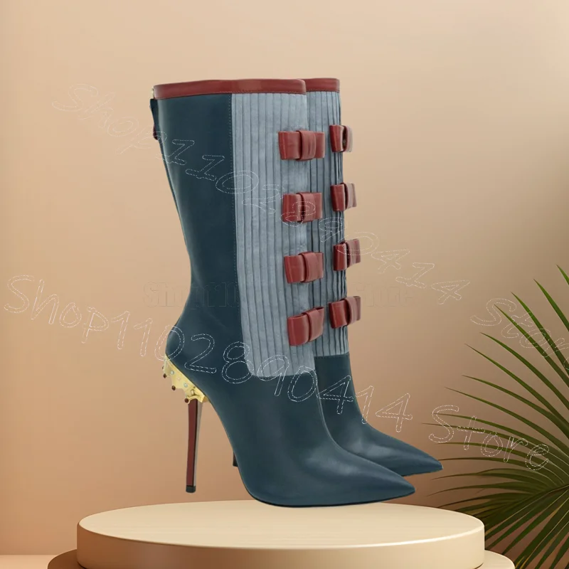 Red Bow Knot Woolen Stripe Blue Pointed Toe Boots Back Zipper Women Shoes Thin High Heels Party Dating 2025 Zapatos Para Mujere