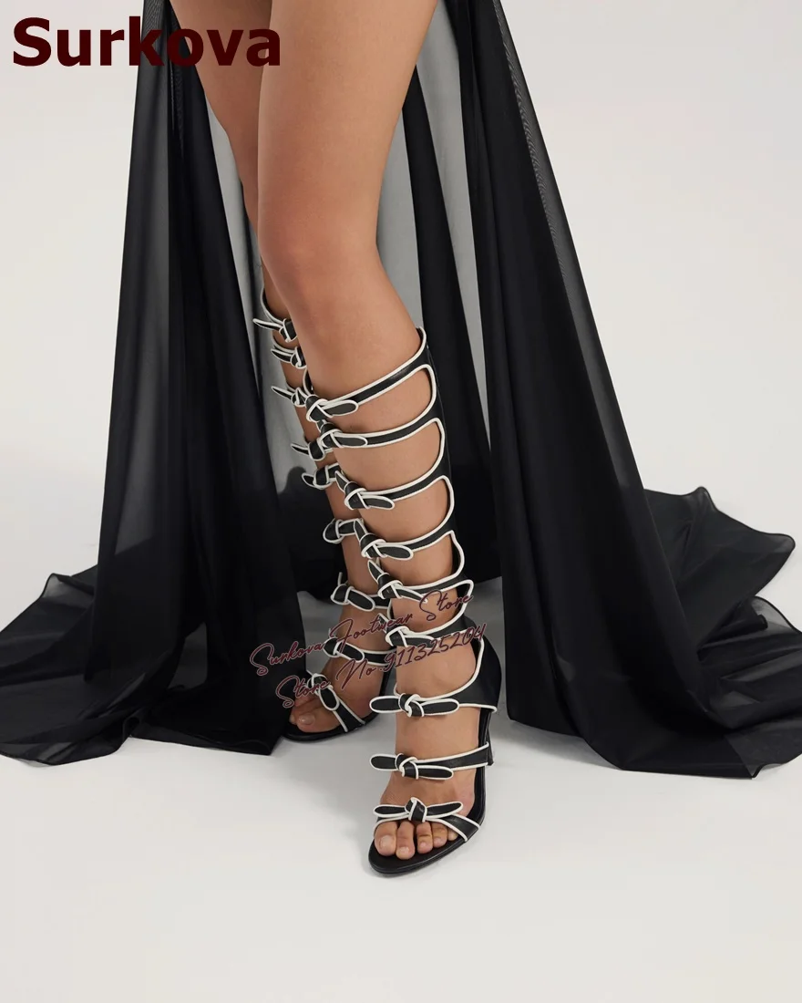 

White Black Matte Strappy Knotted Knee High Summer Boots Stiletto Heel Butterfly-Knot Long Sandals Zipped Hollow Out Caged Shoes