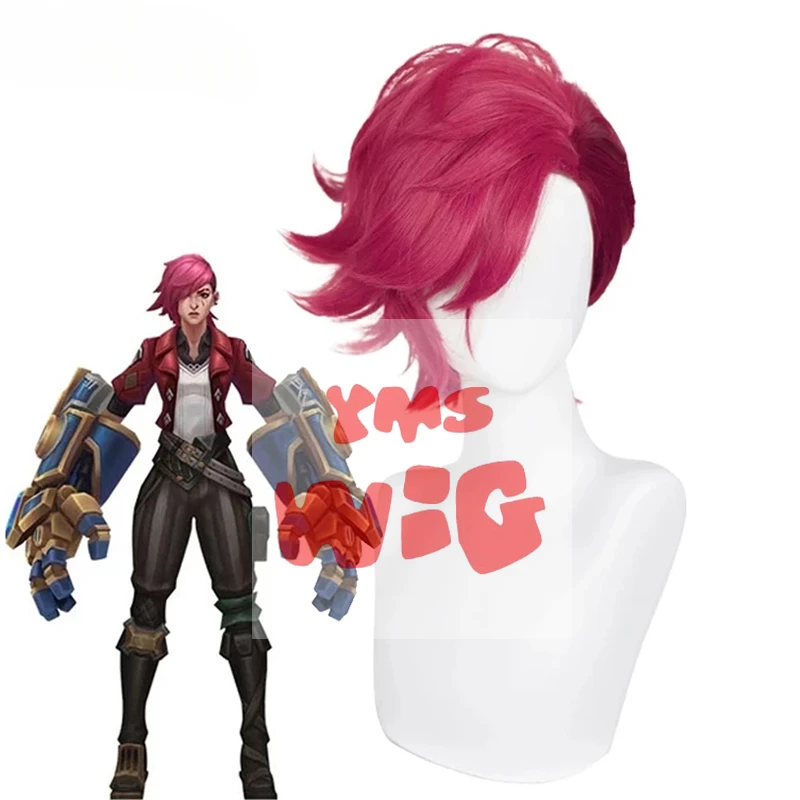 Peluca YMS de pelo sintético Arcane Vi, peluca de Cosplay para mujer, 30cm, pelucas de fiesta cortas y rectas de color rosa fuerte, resistentes al calor