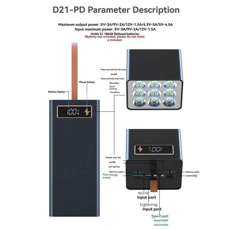 Portable DIY Power Bank Case For 21*18650 Batteries Portable External Battery Box For Mobile Phone Charging D21