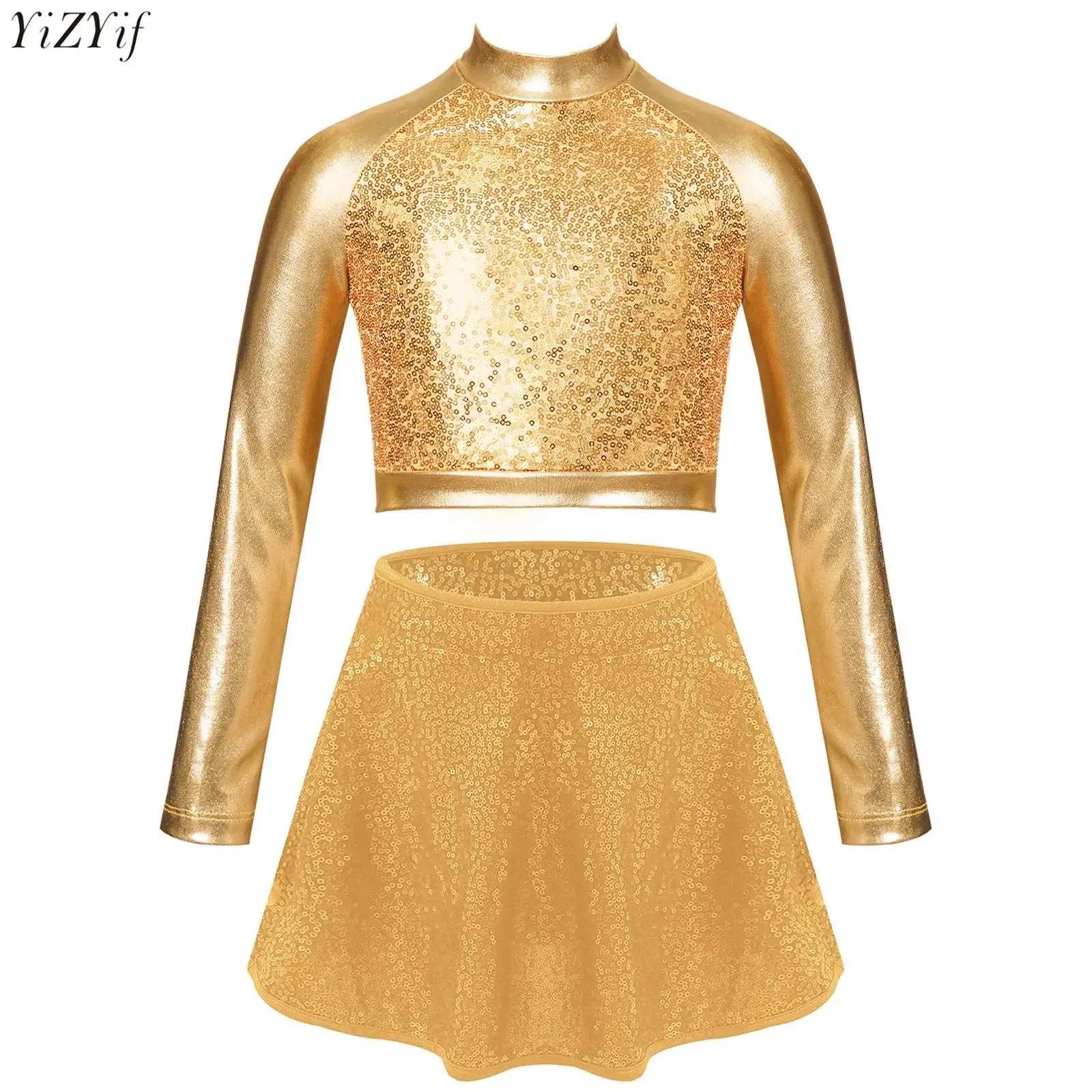 

Girls Jazz Latin Dance Costume Cheerleading Uniform Long Sleeve Shiny Sequins Metallic Crop Top Shirt+Skirt Outfit Streetwear