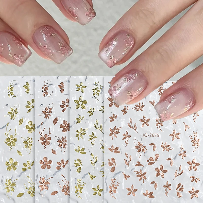 1/2pcs Rose Gold Flowers 3D Nail Art Stickers Simple Florals Petals Leaf Self Adhesive Nail Sliders Decorations For Nail Tips