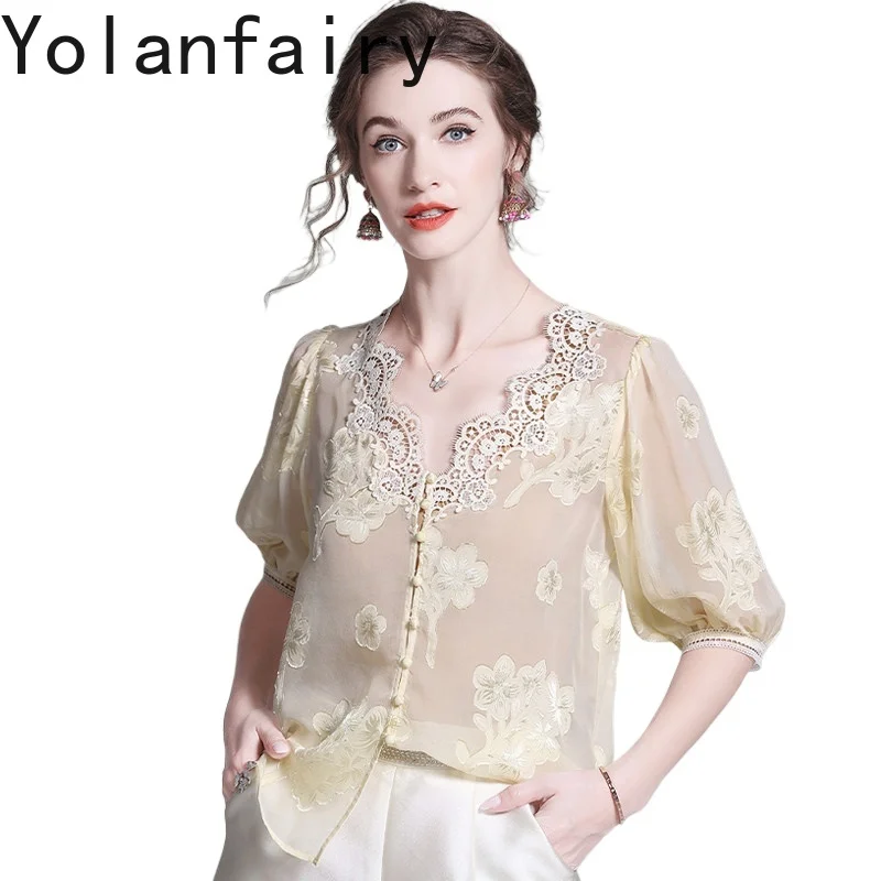 

YOLANFAIRY Высококачественные женские футболки из 100% натурального шелка тутового шелкопряда, летние элегантные жаккардовые блузки с коротким рукавом, топы, футболки 2026