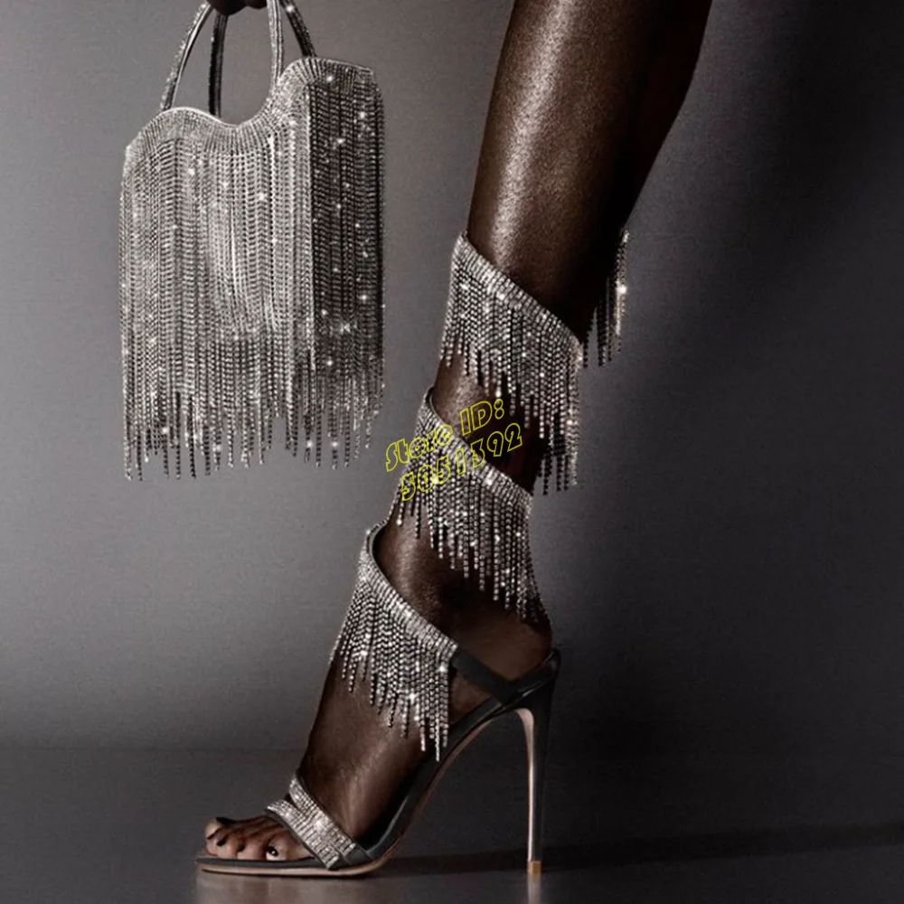 Tassel Crystal Ankle Wrap Fashion Sandals Stiletto Thin High Heel Open Toe Crystal Strap Bling Bling Handmade Summer Sandals