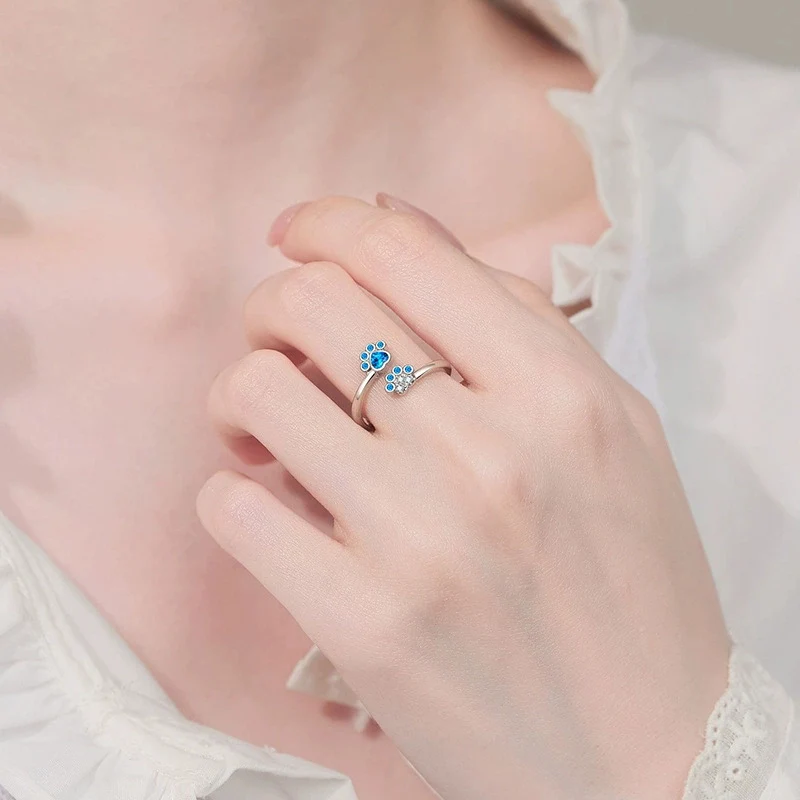 European and American New Cute Cat Dog Pet Paw Print Rings Women's Fashion Colored Zircon Rings Girl Friend Gift KOFSAC