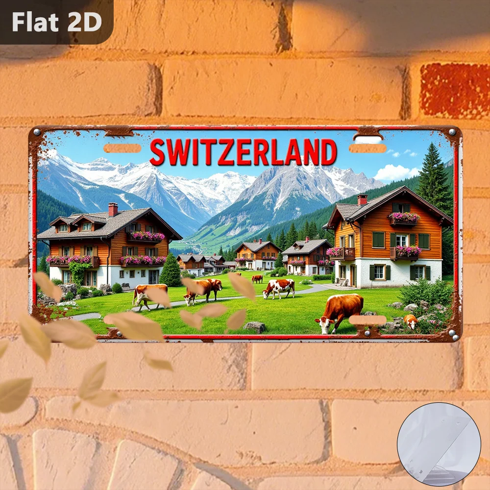 2D Flat - A Vintage Sign Featuring a Swiss Village with Cows And Mountains, Measuring 30.48 Cm by 14.99 Cm, Perfect for Outdoor