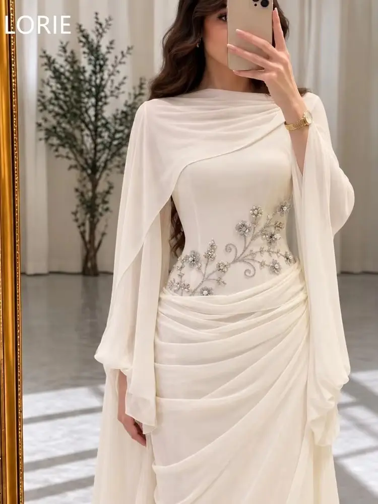 LORIE Modernes Meerjungfrauen-Abendkleid mit Cape-Ärmeln, Stehkragen, Applikationen und Falten, Abendparty-Kleid 2026, Maßanfertigung
