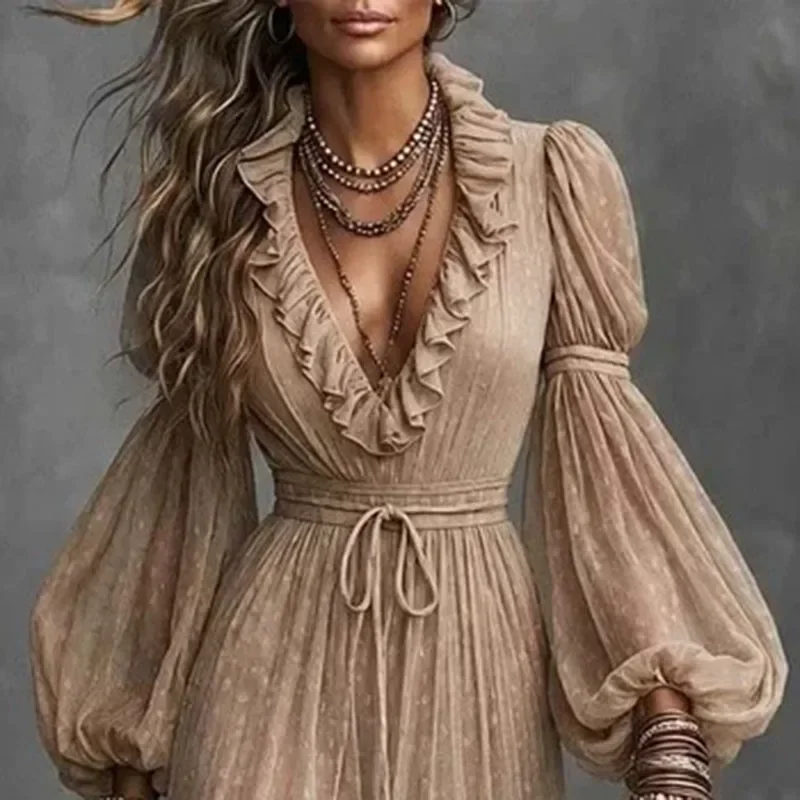 Greenora Women Solid V Neck Ruffle Trim Maxi Dress Lantern Long Sleeve Drawstring Waist Tiered Flowy Dress Elegant Boho Party Gu
