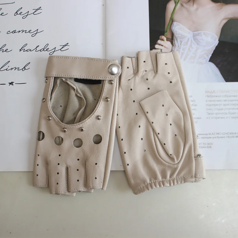 New Women's Sheepskin Half Finger Gloves Thin Style Unlined Rivet Style Colored Genuine Leather Driving Gloves