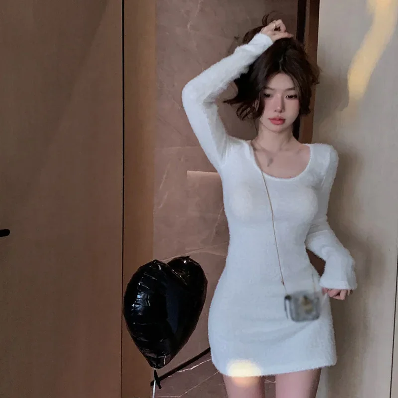 

Y2K трапециевидное расклешенное трикотажное платье с длинными рукавами, однотонное сексуальное мини-платье с U-образным вырезом и открытой спиной, женское базовое уличное шикарное платье