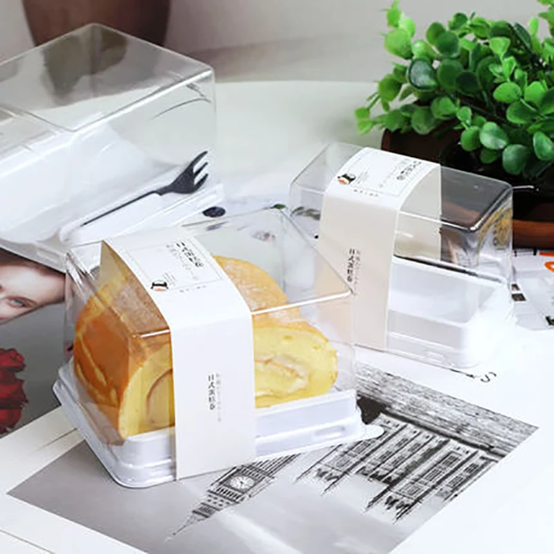 Cake Roll Box Transparent Packaging Disposable Container Take-out Dessert packing With Fork Baked Tools 50pcs