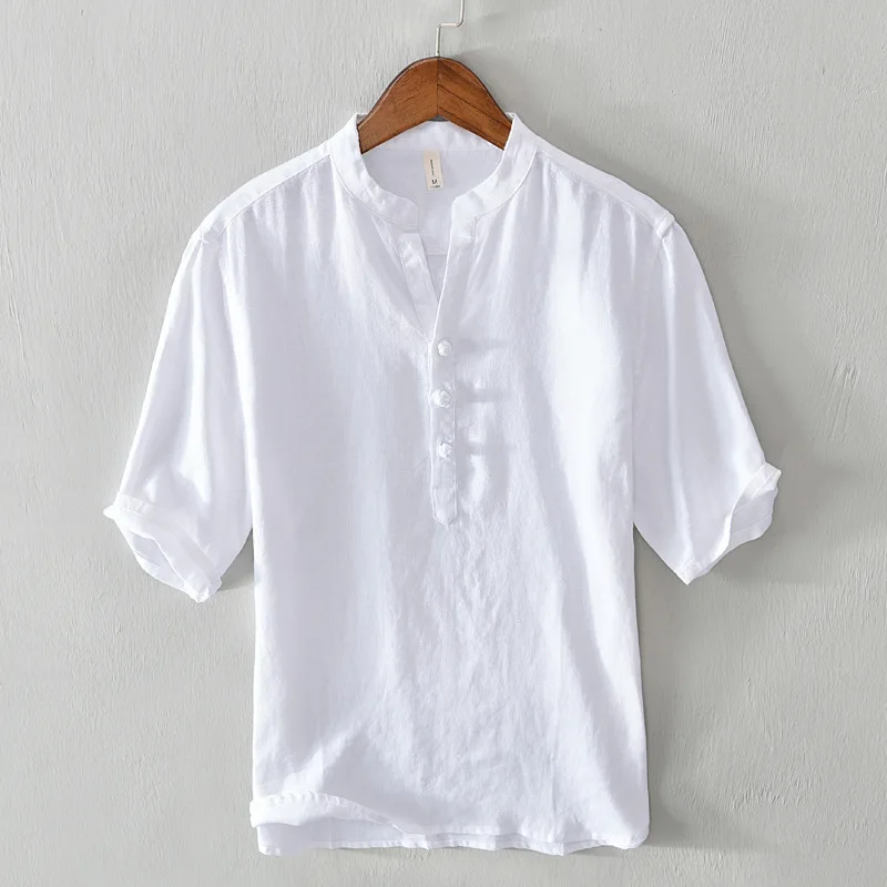 

Chinese Sle Retro Button up Linen ort Sve T-irt Men Summer Thin Breathable Full Linen Stand Collar Overhead irt