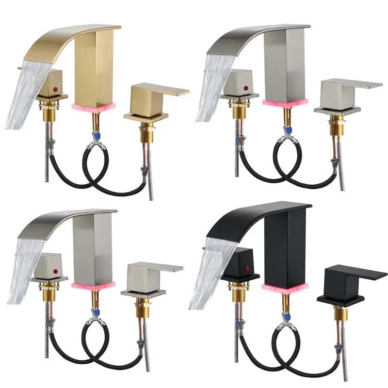 LED Waterfall Bathroom 3 holes Basin Faucet, 2 Handles Cold Hot Water Mixers Sink Tap RGB Color Change Powered by Water Flow
