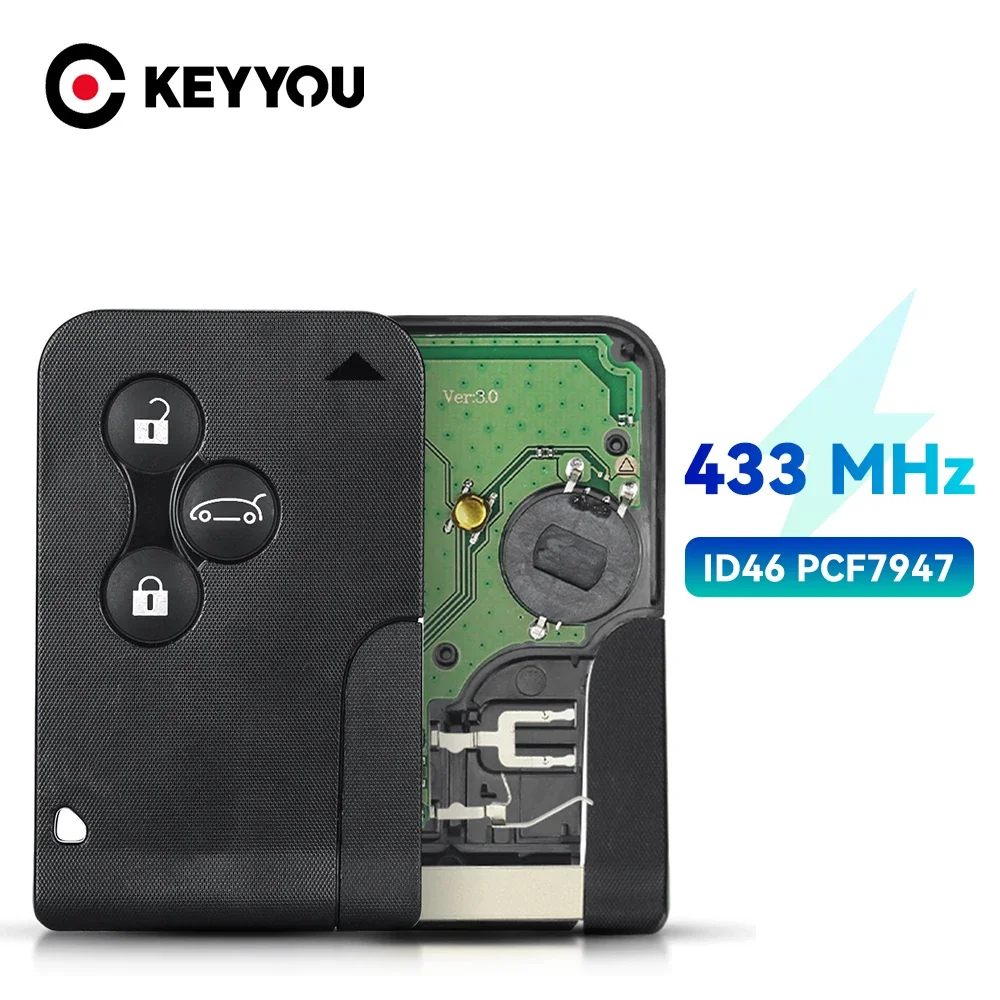 

KEYYOU For Renault Clio Logan Megane 2 3 Scenic Remote Car Key 433Mhz ID46 PCF7947 Chip Smart Card Emergency Insert