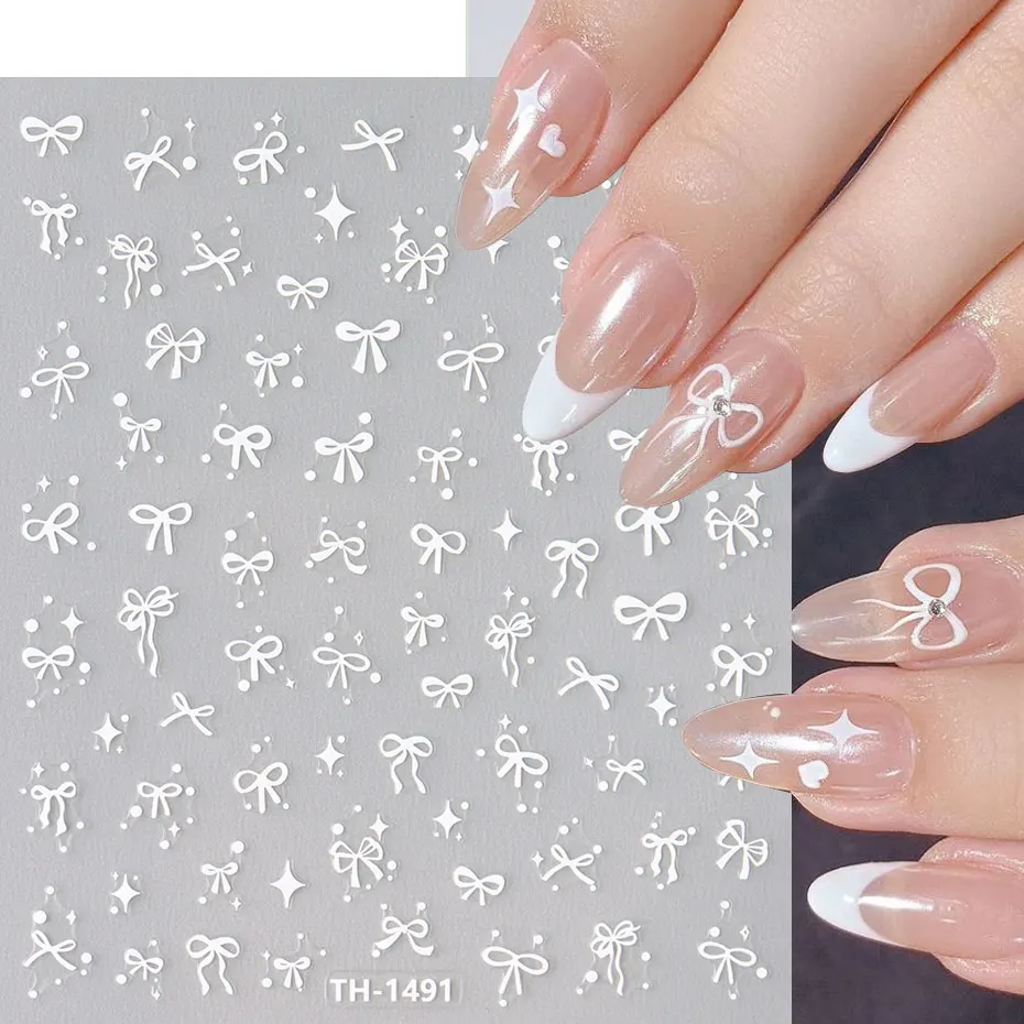 2pcs Cartoon White Bowknot Slider Mini Lace Ribbon Bow Butterfly Nail Stickers Lovely Japan Style Star Dot Charms Manicure Decor