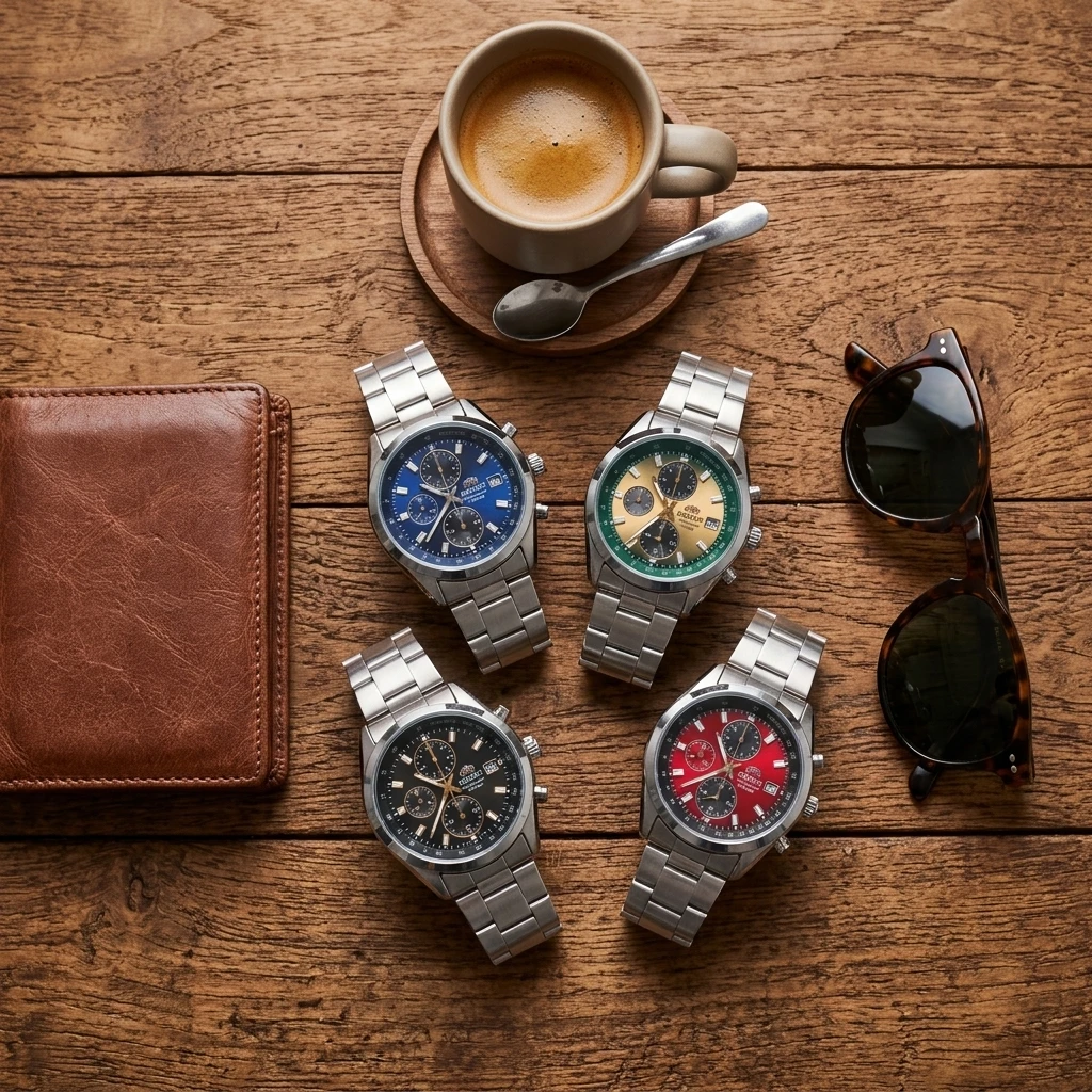 Orient Men's Sports Quartz Chronograph Watch, Tachymeter Scale Date Display 100M Waterproof Stainless Steel Bracelet Wristwatch view 6
