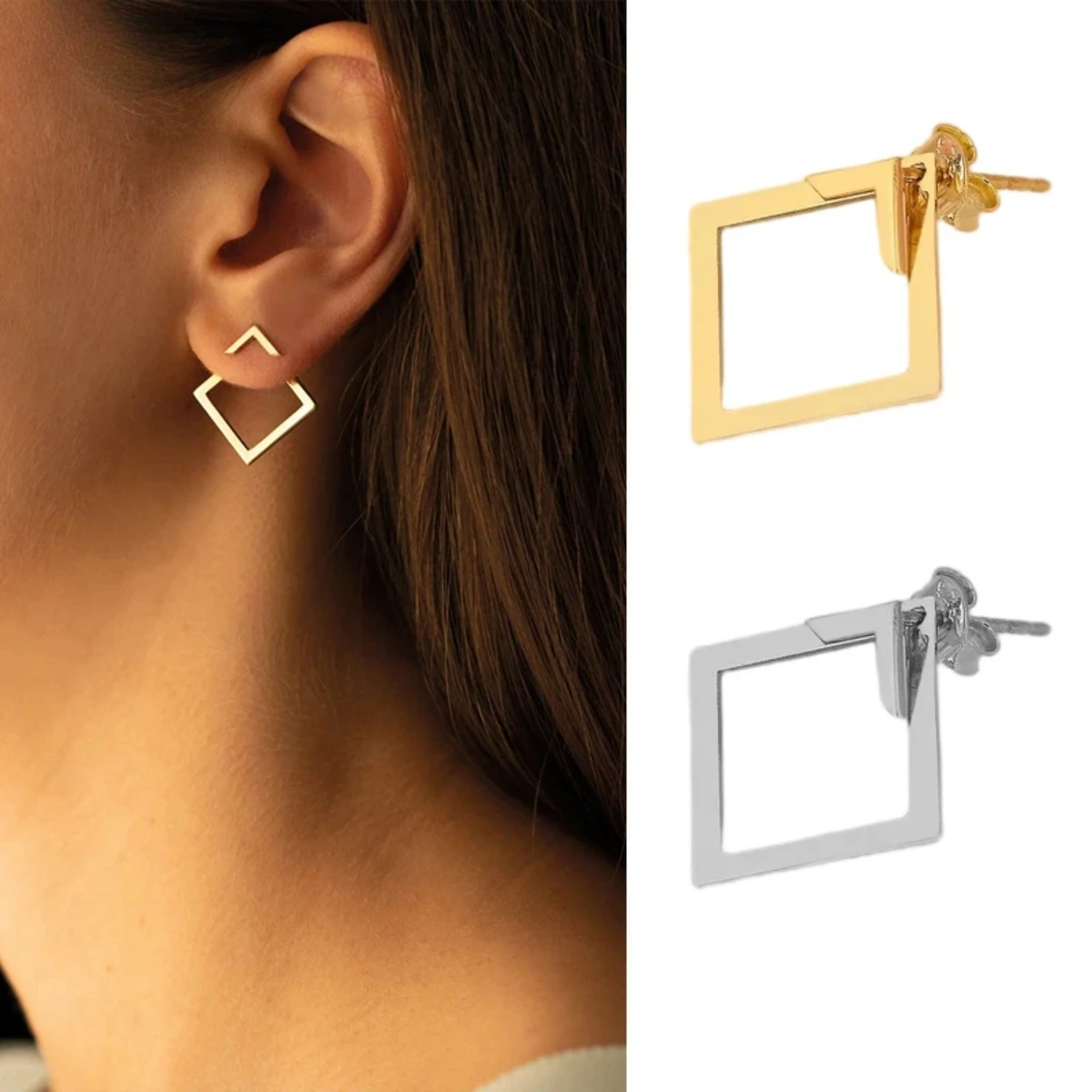 Personality Simple Geometric Square Hollow Stud Earrings for Women Temperament Gold Color Stainless Steel Korea Earring Jewelry