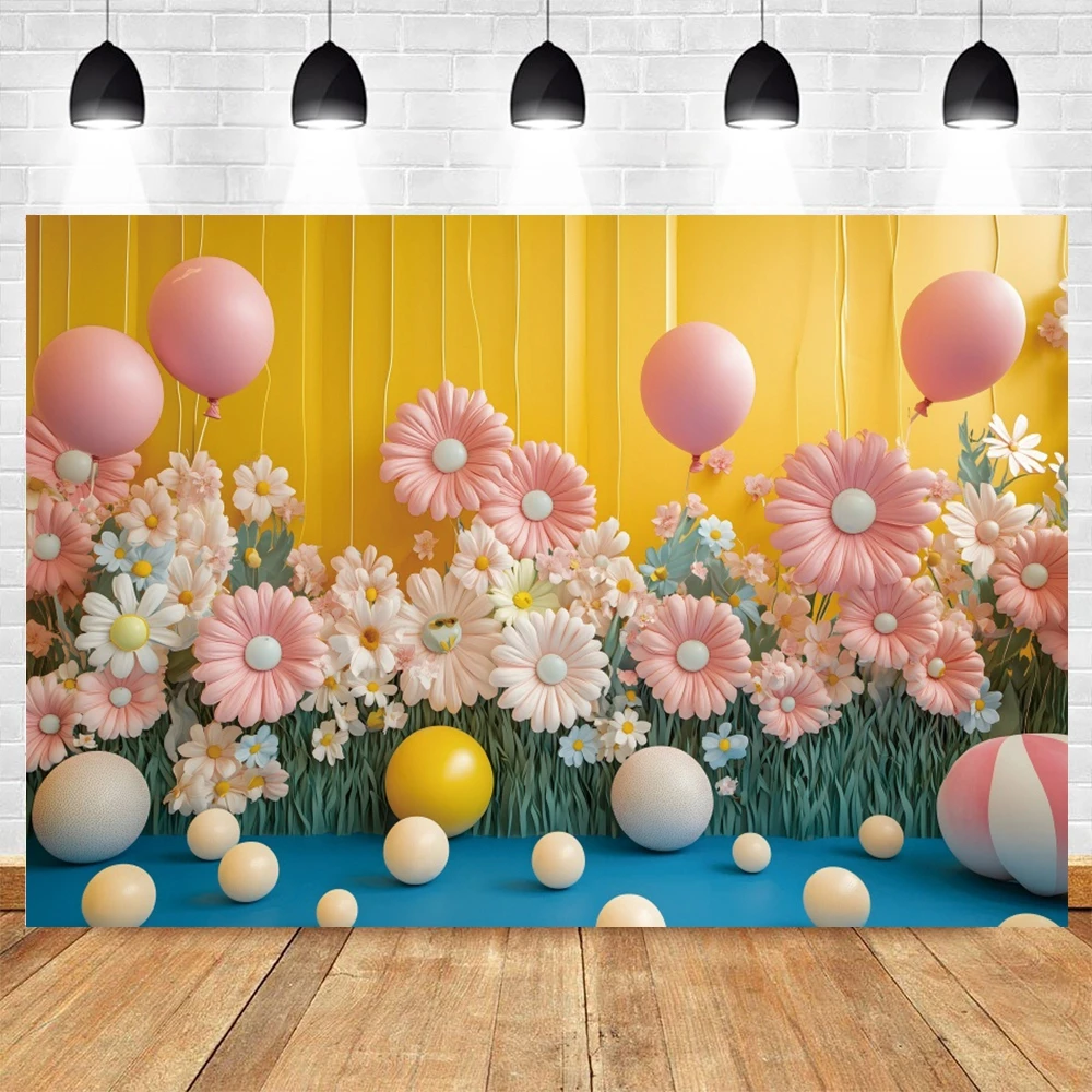 Spring Daisy Flowers Photography Backdrop Balloons Interior Wall Birthday Party Cake Smash Kids Portrait Photocall Background