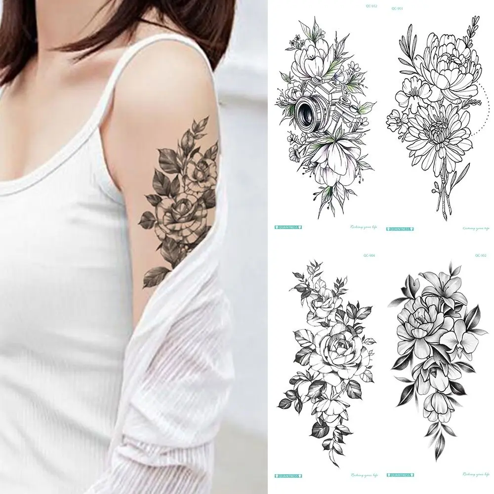 Women Leaf 3D Leg Black Sketches Girls Rose Sexy Tattoo Sticker Body Art Temporary Tattoo Flower