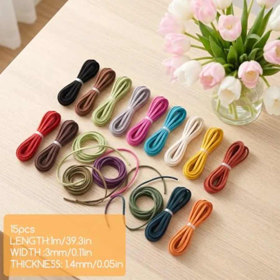 15 Pcs Multicolor Faux Suede Leather Cord for Jewelry Making, 3mm Thin Leather String Rope for Bracelets Necklaces Crafts, Soft