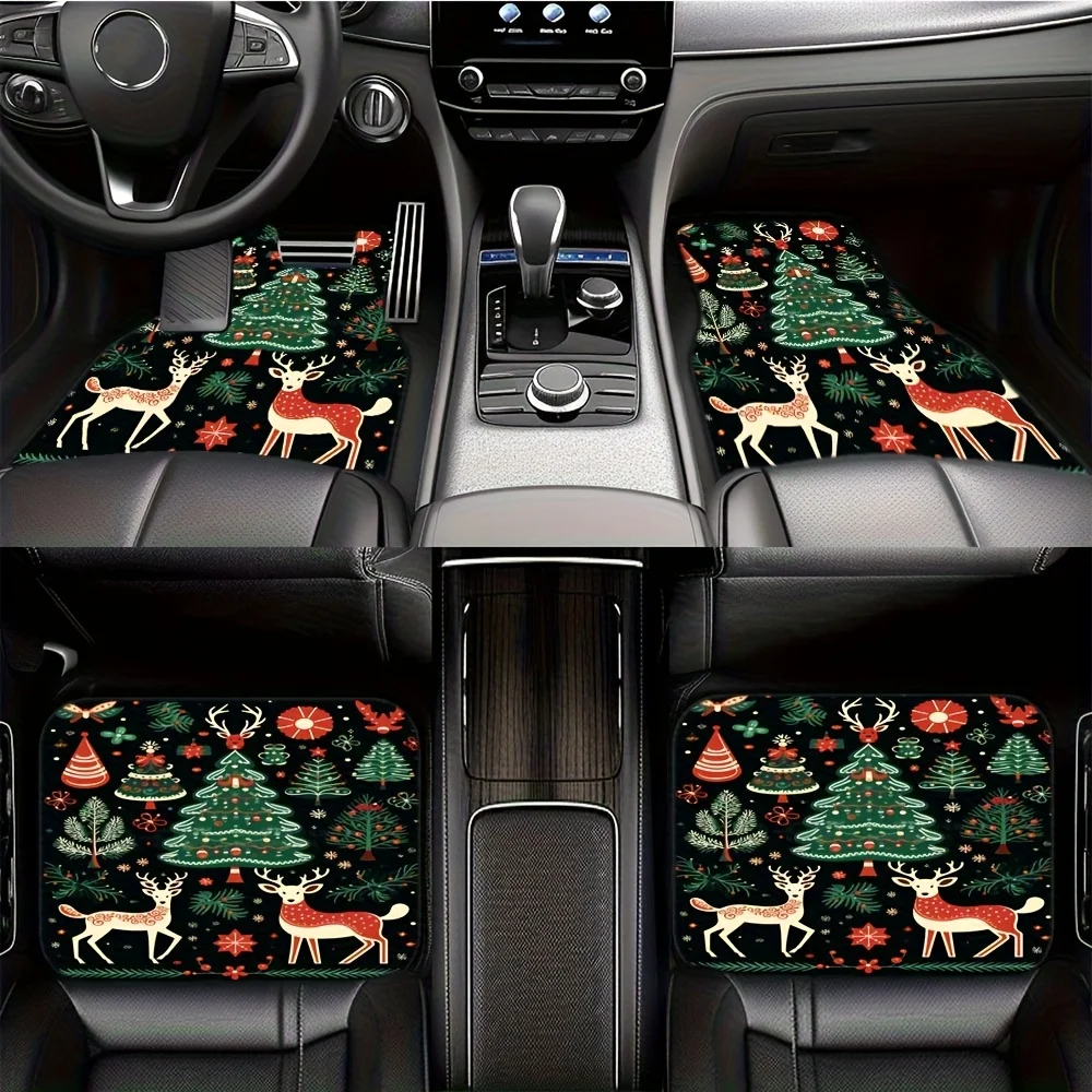 4pcs Christmas Reindeer And Tree Pattern Car Floor Mats - Front And Rear Seat Protection Mats, Festive Holiday Car Interior Deco