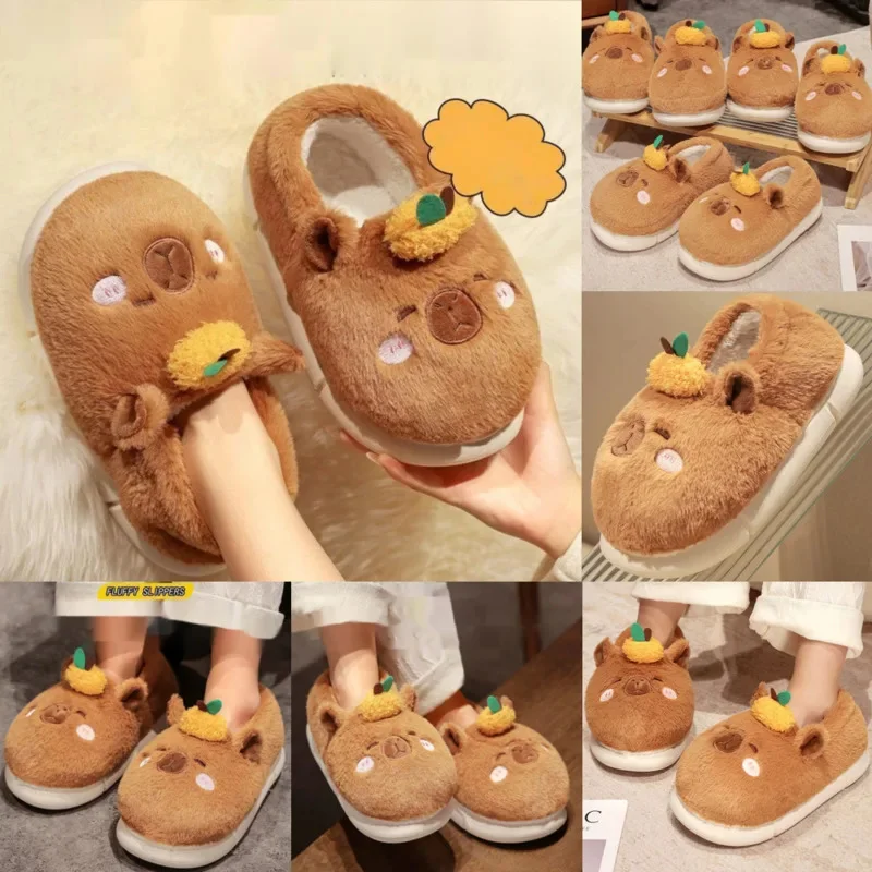 Capybara Slippers Women Winter One Word Cotton Cartoon Anime Cute Student Bedroom Suede Warm Fury Slippers Non Slip Flat Shoes