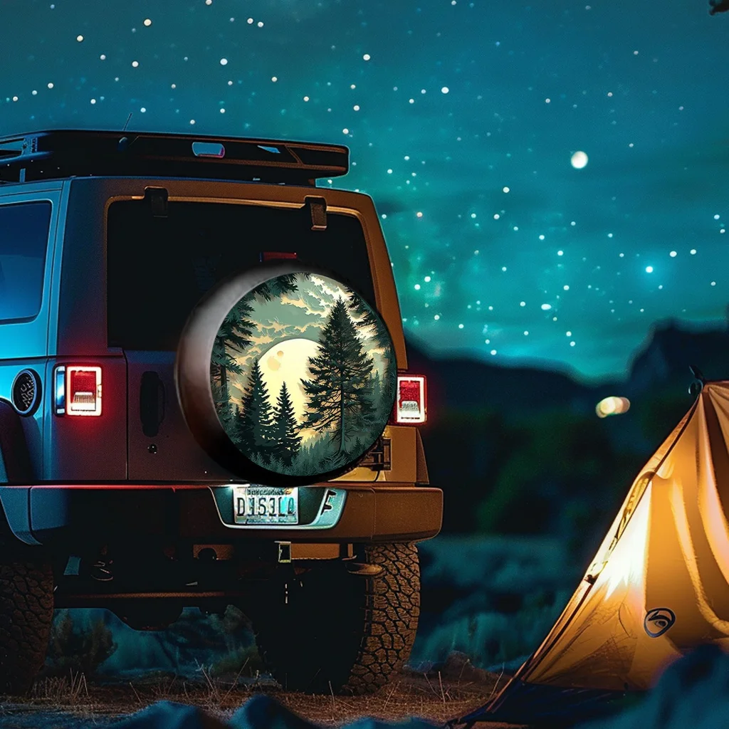 Copertura per ruota di scorta per auto foresta illuminata al luna Protezione antivento antipolvere Protezione per ruote di veicoli Decorazione per atmosfera magica