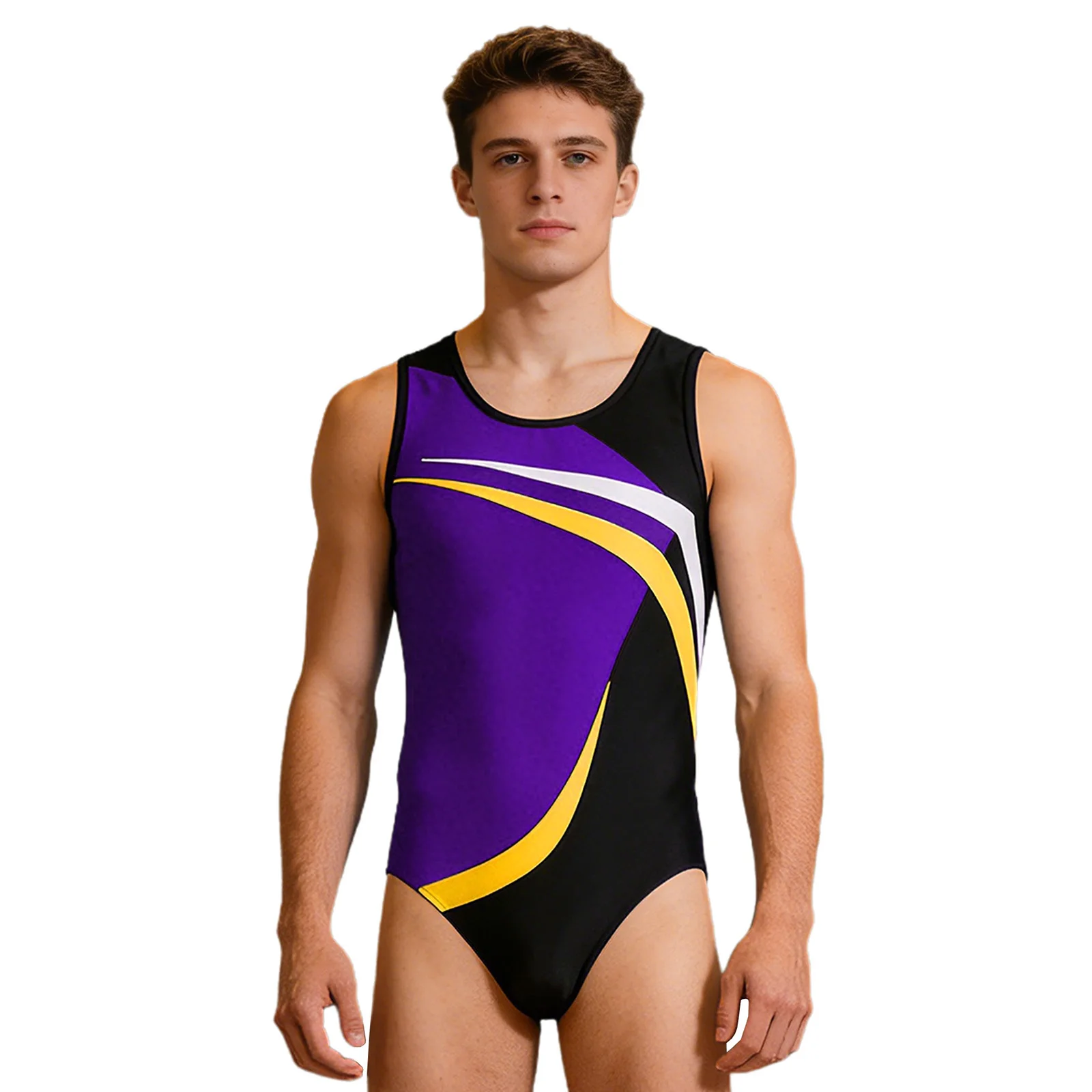 

Men Gymnastics Bodybuilding Gym Fitness Leotard Sleeveless Press Buttons Crotch Bodysuit for Practice Competition Dance Outfits