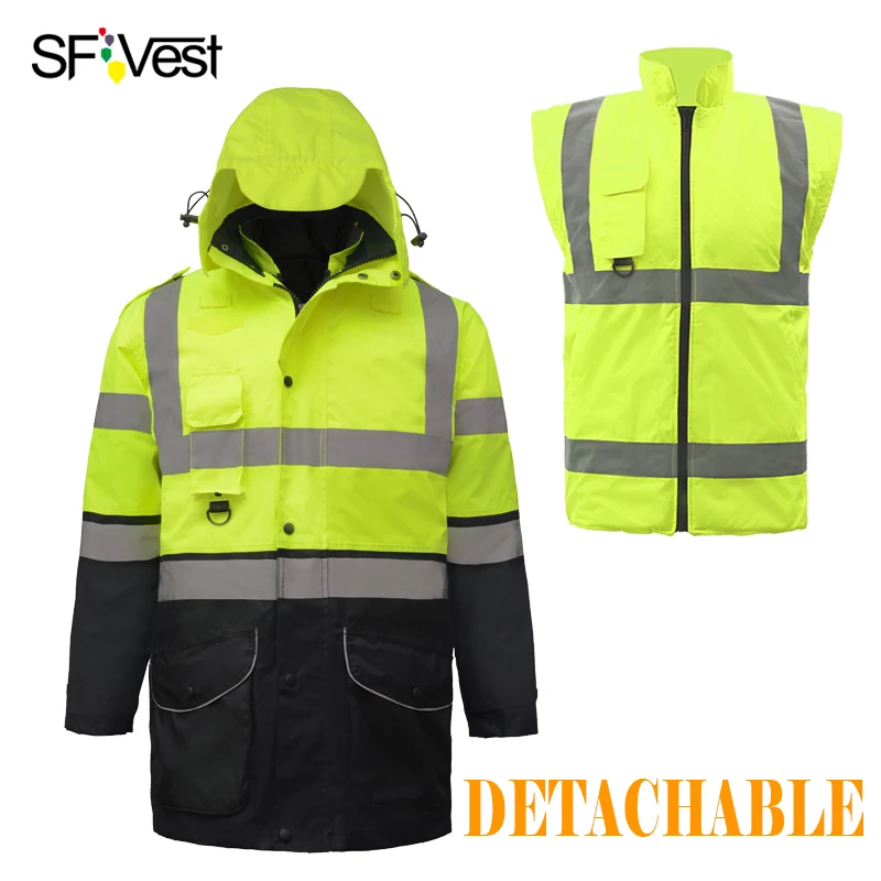 Hi vis waterproof neon yellow 7-in-1 reflective safety  jacket