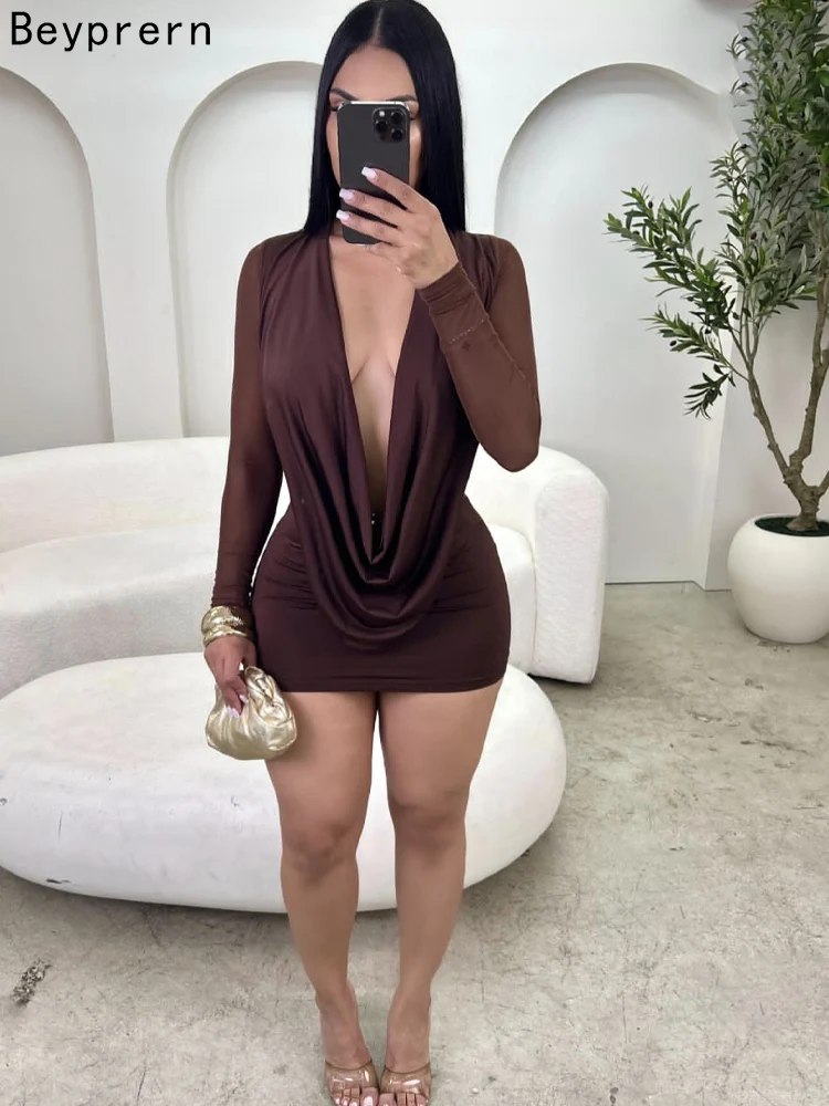 Beyprern Sexy Tiefem V-Ausschnitt Rückenfreies Minikleid Damen Elegantes Langarm-Netzkleid Bodycon Partykleider Drapiertes Clubwear Vestidos
