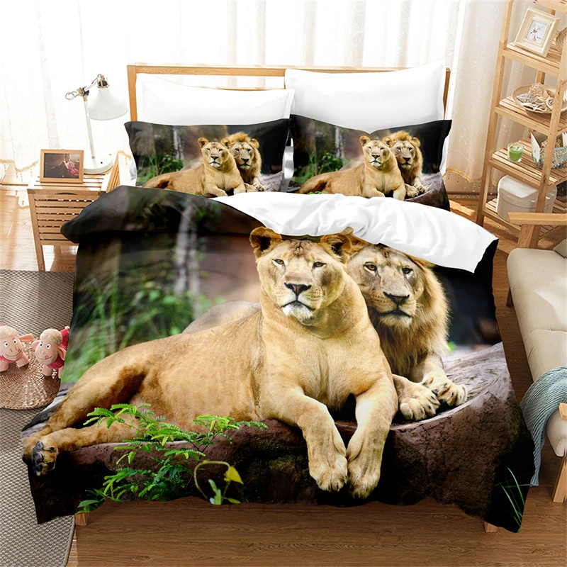 Juego de ropa de cama de León, para niño tigre y leopardo, juego de funda nórdica 3d, ropa de cama de tamaño Queen, funda de edredón con estampado de moda, juegos de cama