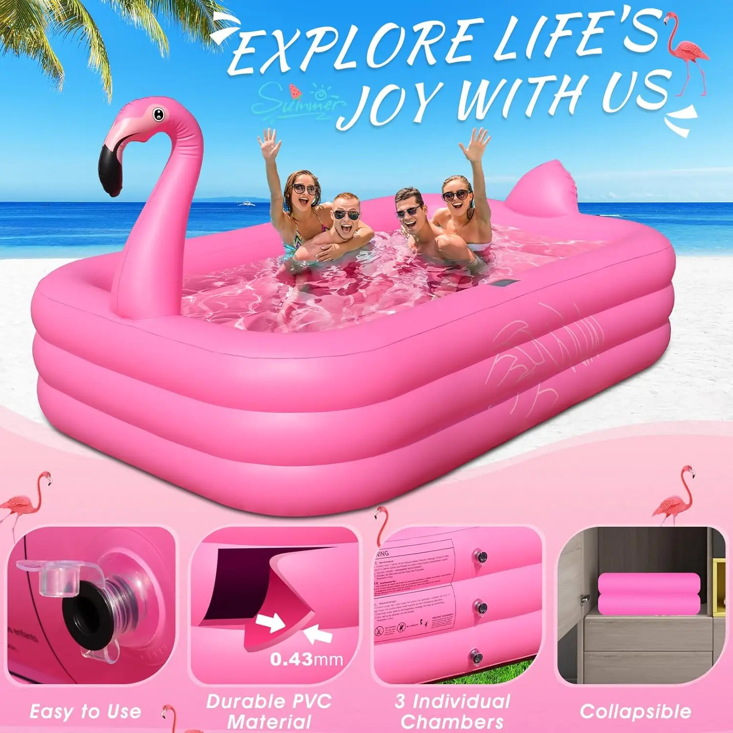 Inflatable Pool with Lights, 2024 Solar Flamingo Swimming Pool for Kids,Adults Inflatable Blow up Pool, Large Kiddie Pool, Durab