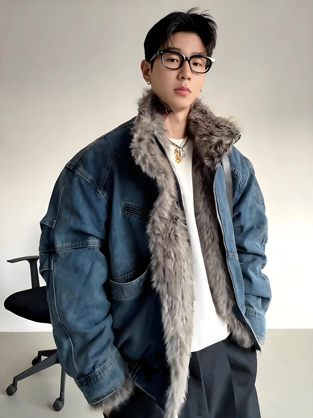 

Heavy Industry Blue Mountain Eagle Men's Denim Jacket Winter Fashion Brand Short Cotton Coat Stand Collar Wolf Fur Jacket