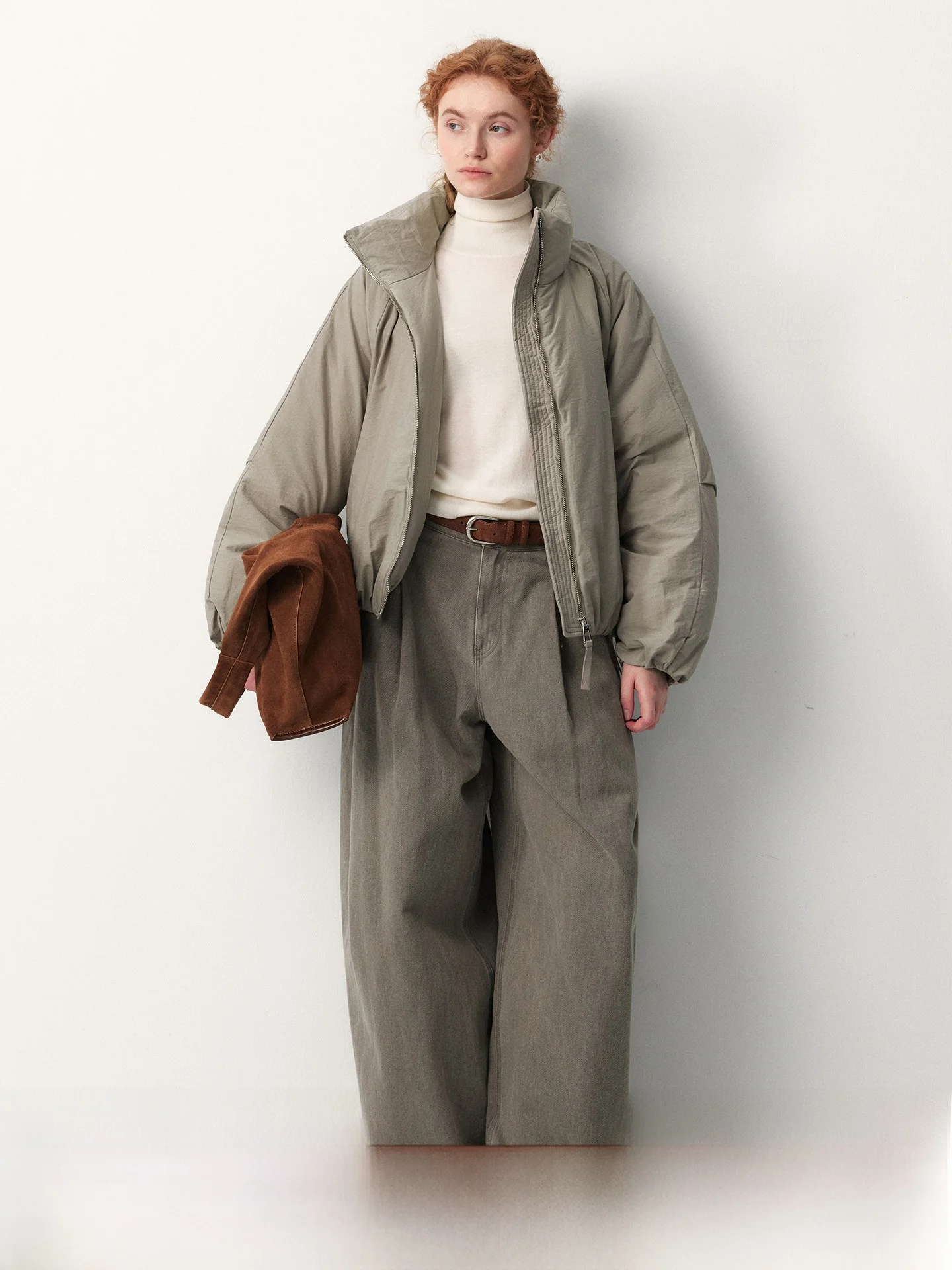 

plus Cotton lin ort Puffer Jaet White Du down Stand Collar Pleated Box ape Casual Loose Fit Warmth
