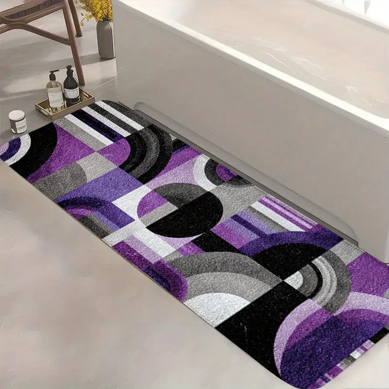 Modern Purple Grey Geometric Circle Striped Long Bath Runner Mat Anti Slip Absorbent Floor Rug for Bathroom Sink Kitchen Laundry