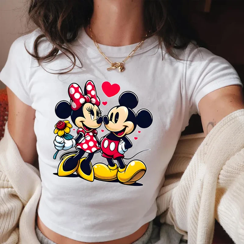 

Cartoon Mickey Minnie Mouse Tee Crop Top Heart Love Women Short Sleeve Cotton Crop Tops Funny Character Graphic Sexy Tops