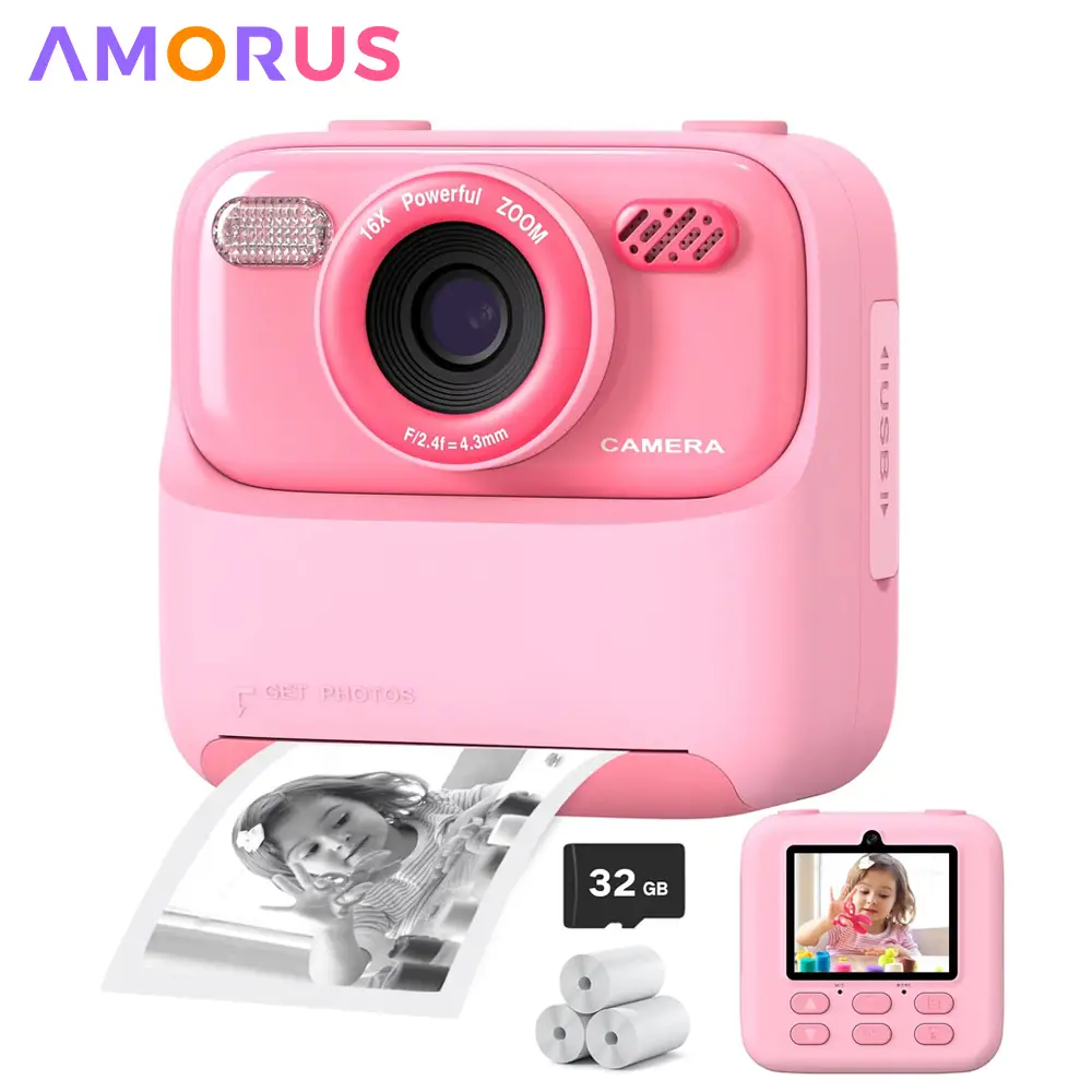 AMORUS Crianças Câmera Instantânea 1080P HD Lente Dupla Selfie Câmera Digital para Meninas Meninos Presentes de Aniversário de Natal Brinquedos Com Impressão 32G