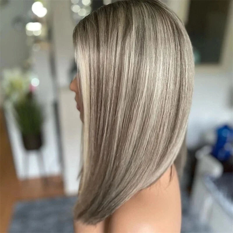 Wig Rambut Sintetis Lurus Alami dengan Lace Frontal untuk Wanita, Tebal, Warna Pirang Platinum Abu Muda, Pirang, Serat untuk Penggunaan Sehari-hari, Pesta, dan Cosplay