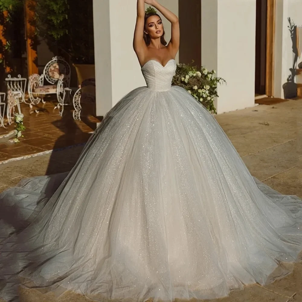 

Exquisite Sequined Wedding Dresses Elegant Strapless Sleeveless Draped Ball Gowns Luxury Sweep Train Pleat Bride Dresses 2024