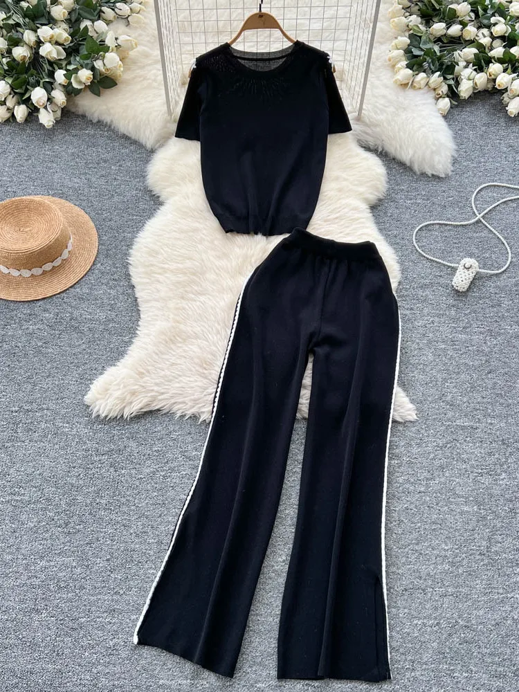 

Korean Sle Casual Versatile Striped Set Women Summer oulder Bared ort Sve Top Waist Cinched Wide Leg Split Pants