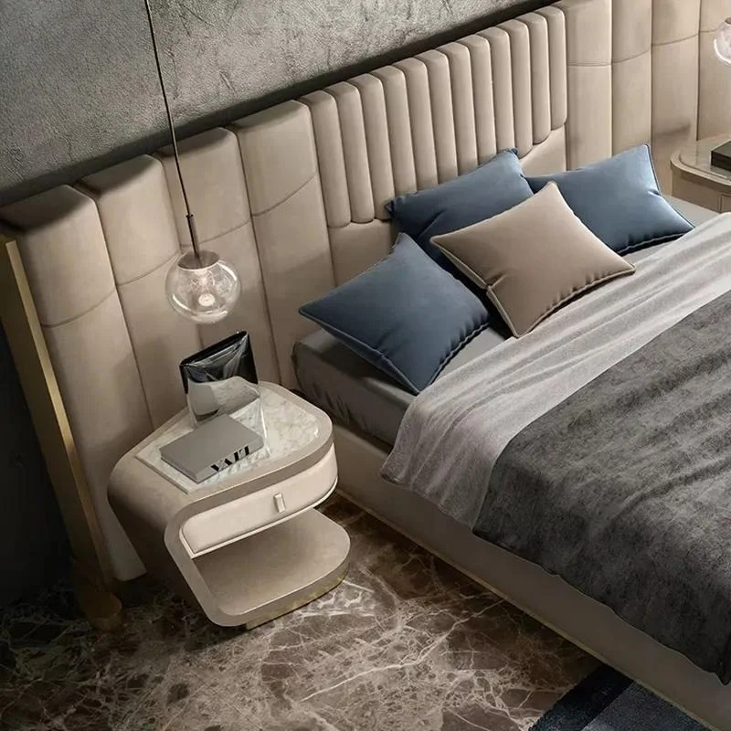Luxury Modern Bedroom Furniture Set with Vertical Tufted Upholstered Bed Curved Nightstand and Bench Superior Suite Design