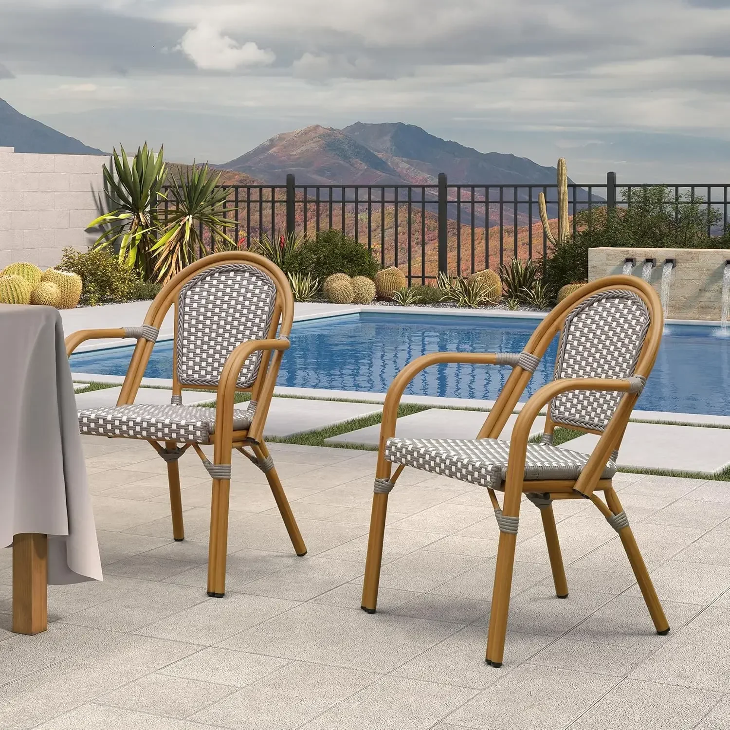 French Bistro Chairs Set of 2 Aluminum Hand-Woven Rattan Wicker Dining Chairs with Arms for Outdoor Porch Garden