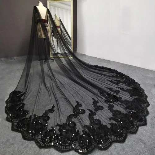 Dark Tulle Black Lace Wedding Cape 3 3.5  4 Meters Long Bridal Bolero with Bling Sequins Lace Bolero Women Jackets Costume