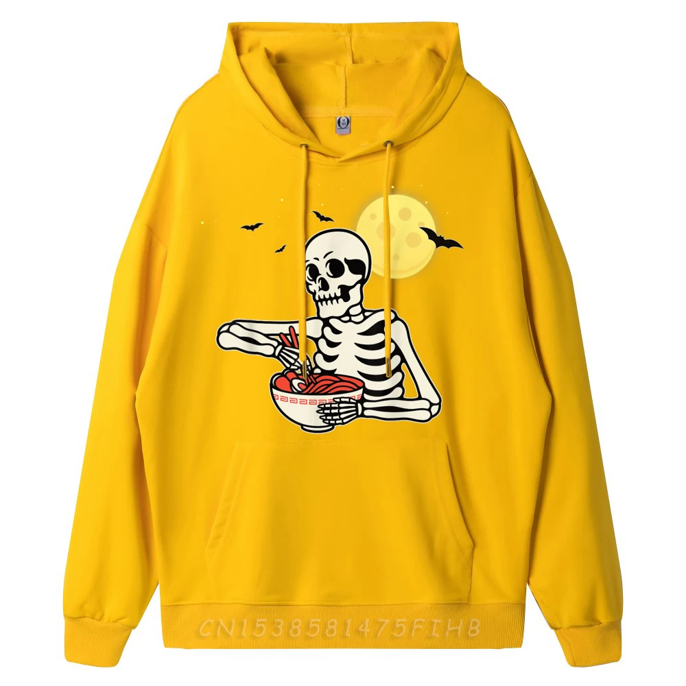 Funny Halloween Kawaii Skeleton Japanese Ramen Noodles Brand Clothing Long Sleeve Hoodie Men Oversized
