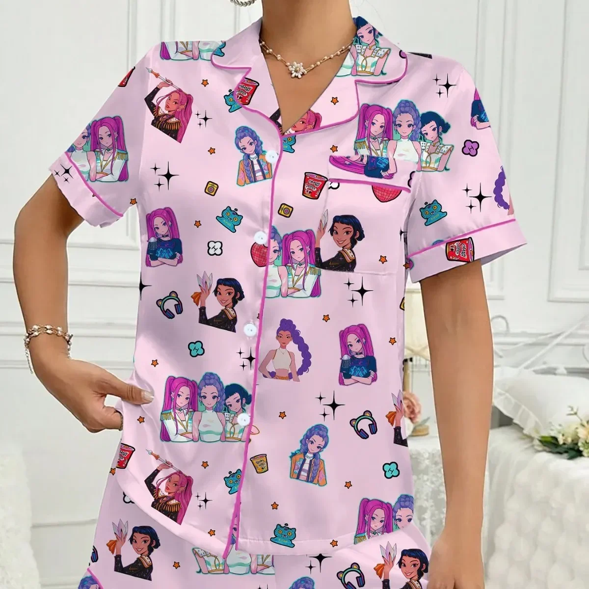 

2025 New Kpop Girl Group Print Milk Silk Short Sleeve Short Pants Two Piece Set Sleepwear Casual Comfortable Home Wear