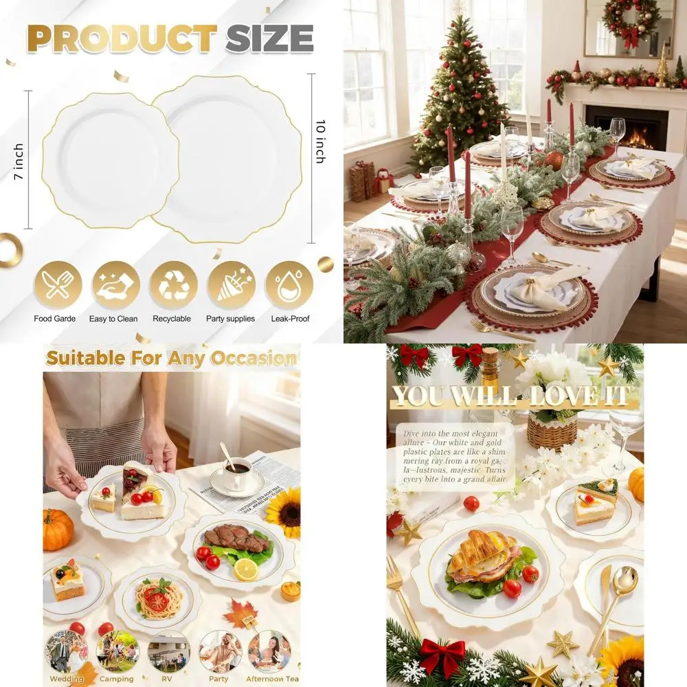 

100 White & Gold Dinner + 100 Dessert Disposable Plates - Elegant Plastic Party Plates for Special Events