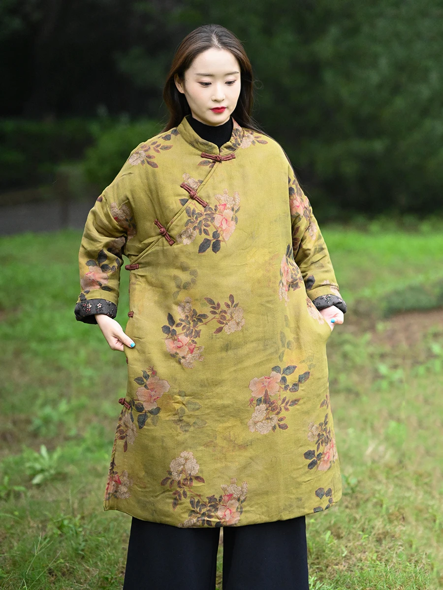 

100% Cotton Women Thick Warm Casual Parkas New Arrival 2025 Winter Vintage Style Floral Print Loose Female Long Coats M2076